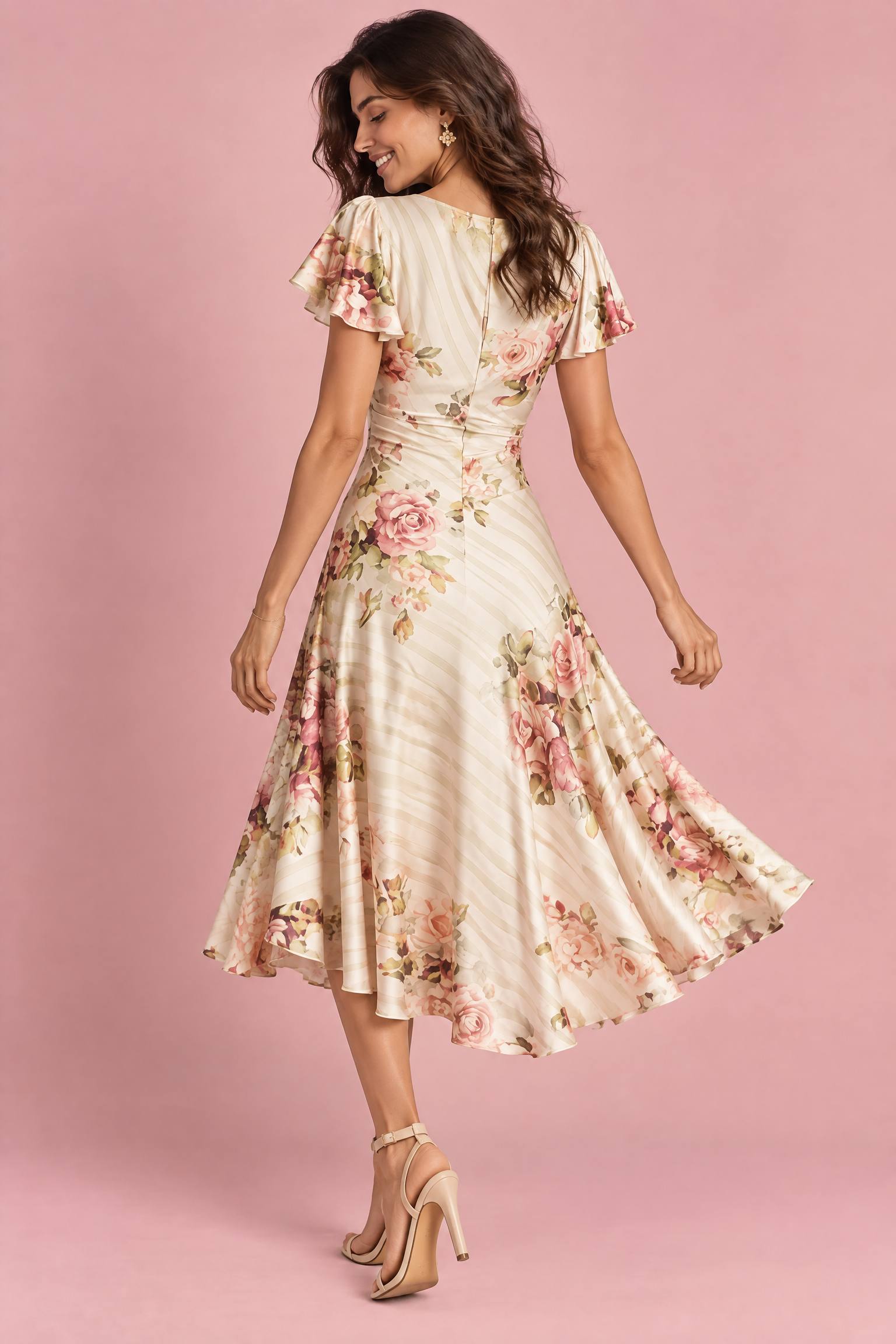 Robe midi ivoire fleurie froncée à col V | Vue de dos | Lounelle Paris