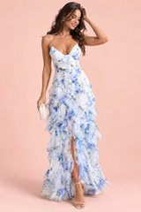 Blauwe asymmetrische maxi-jurk met lelieprint en cape-mouwen