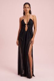 Robe longue noire asymétrique à découpes | Vue de face | Lounelle Paris