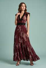 Rode maxi-jurk met bloemenprint, V-hals en ruches