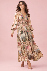 Beige maxi-jurk met V-hals en pofmouwen