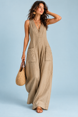Kaki jumpsuit met V-hals en wijde pijpen