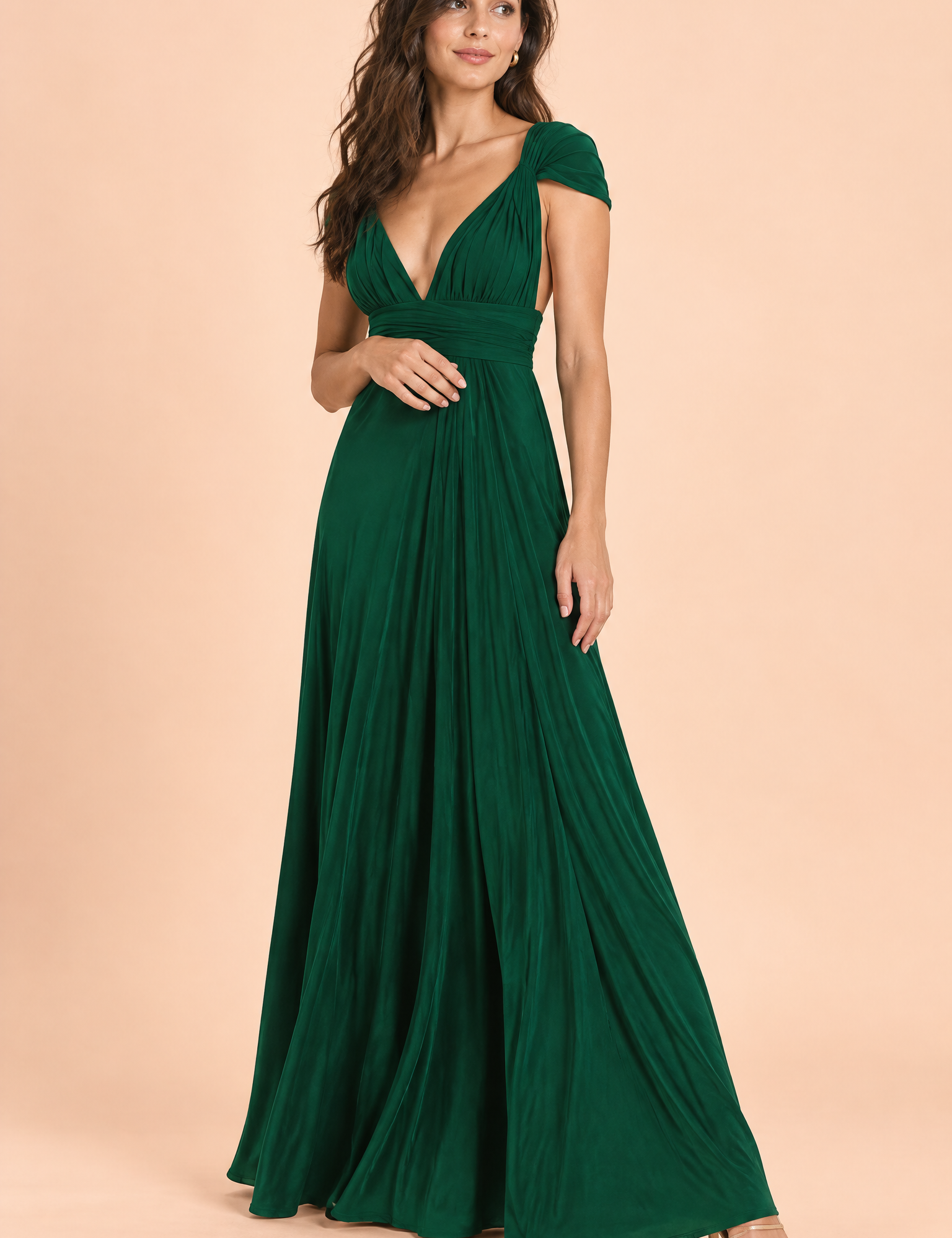 Robe longue portefeuille verte à col américain avec détail doré | Vue de face | Lounelle Paris