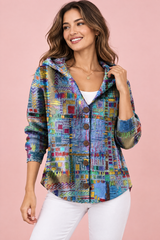 Blauw gebloemd vest met capuchon