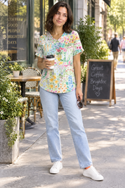 T-shirt blanc à imprimé floral et col | Photo lifestyle | Lounelle Paris