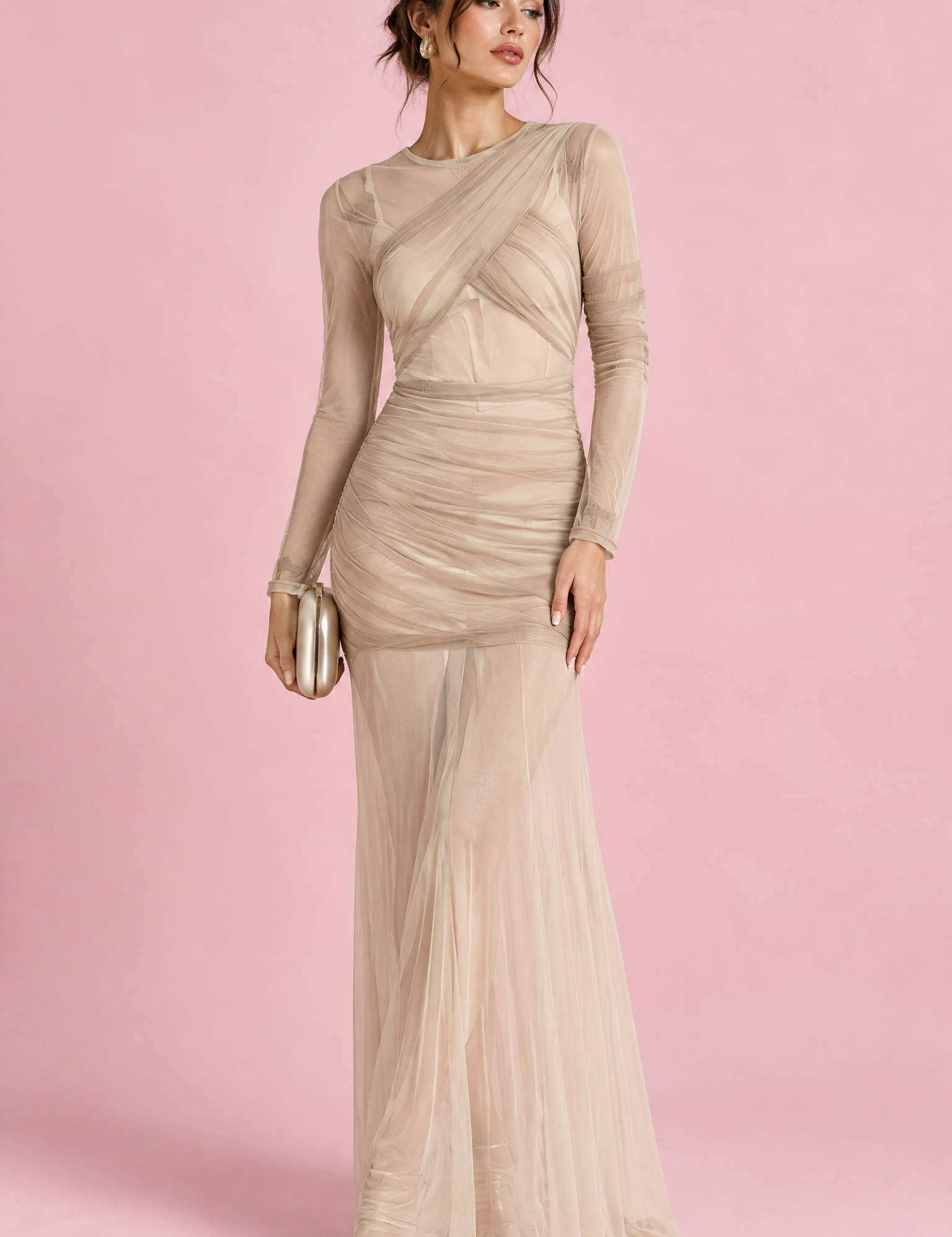 Robe longue moulante beige à fronces | Vue de face | Lounelle Paris