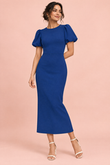 Marineblauwe midi-jurk met pofmouwen