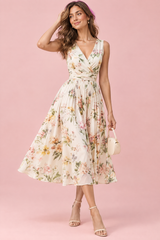 Groene midi-jurk met bloemenboeketprint en vierkante hals