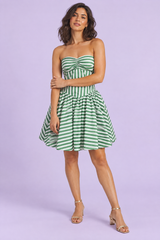 Groene gestreepte strapless jurk met open rug