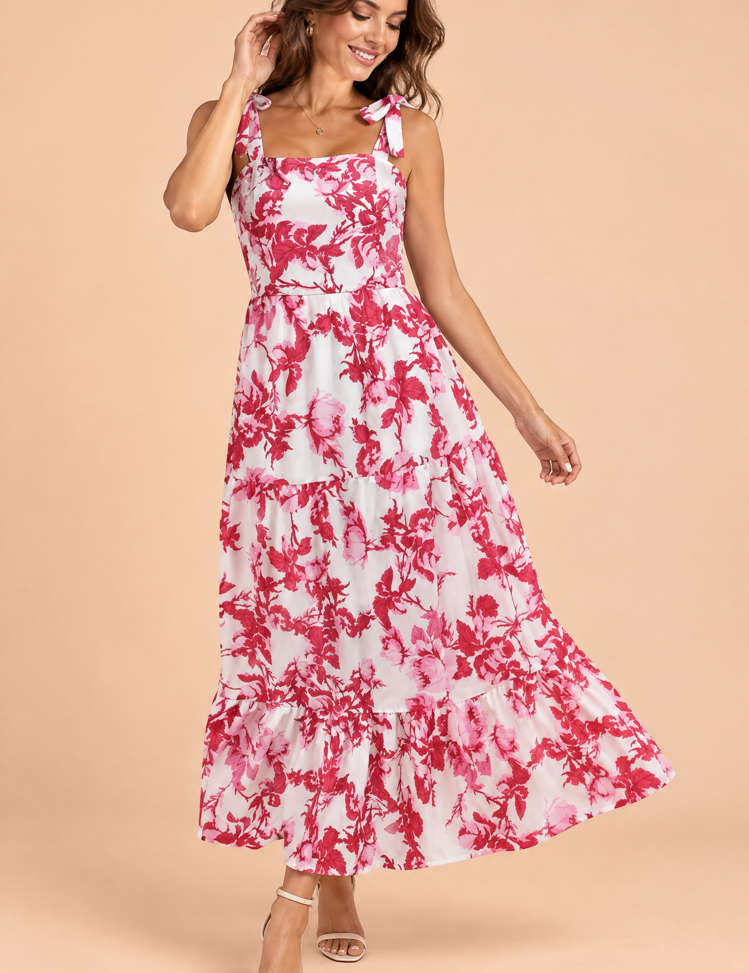 Robe longue rose à volants | Vue de face | Lounelle Paris