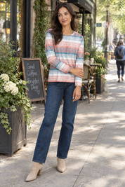 Haut corail à carreaux et manches longues | Photo lifestyle | Lounelle Paris