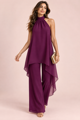 Paarse chiffon broekset met haltertop