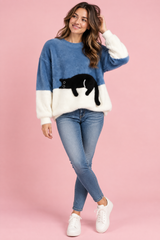 Oversized blauwe trui met kattenmotief