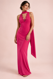 Robe nuisette longue satinée rose à col montant et ceinture à nouer | Vue de face | Lounelle Paris