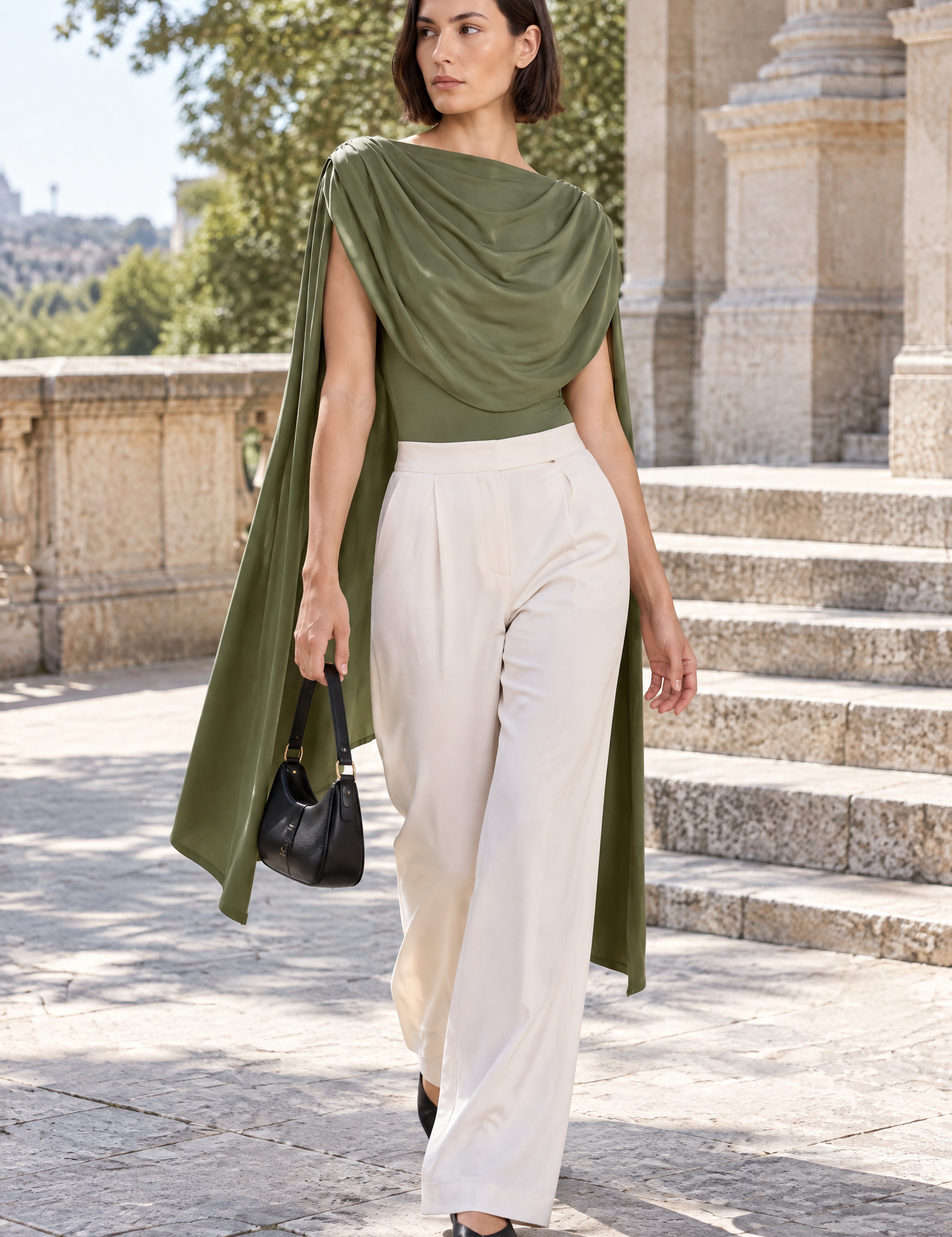Body vert olive ajusté froncé à col bénitier | Photo lifestyle | Lounelle Paris