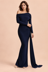 Blauwe asymmetrische maxi-jurk met één schouder en drapering