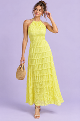 Gele geplooide maxi-jurk