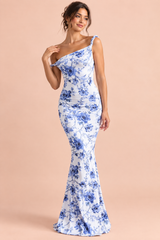 Blauwe asymmetrische maxi-jurk met twistdetail