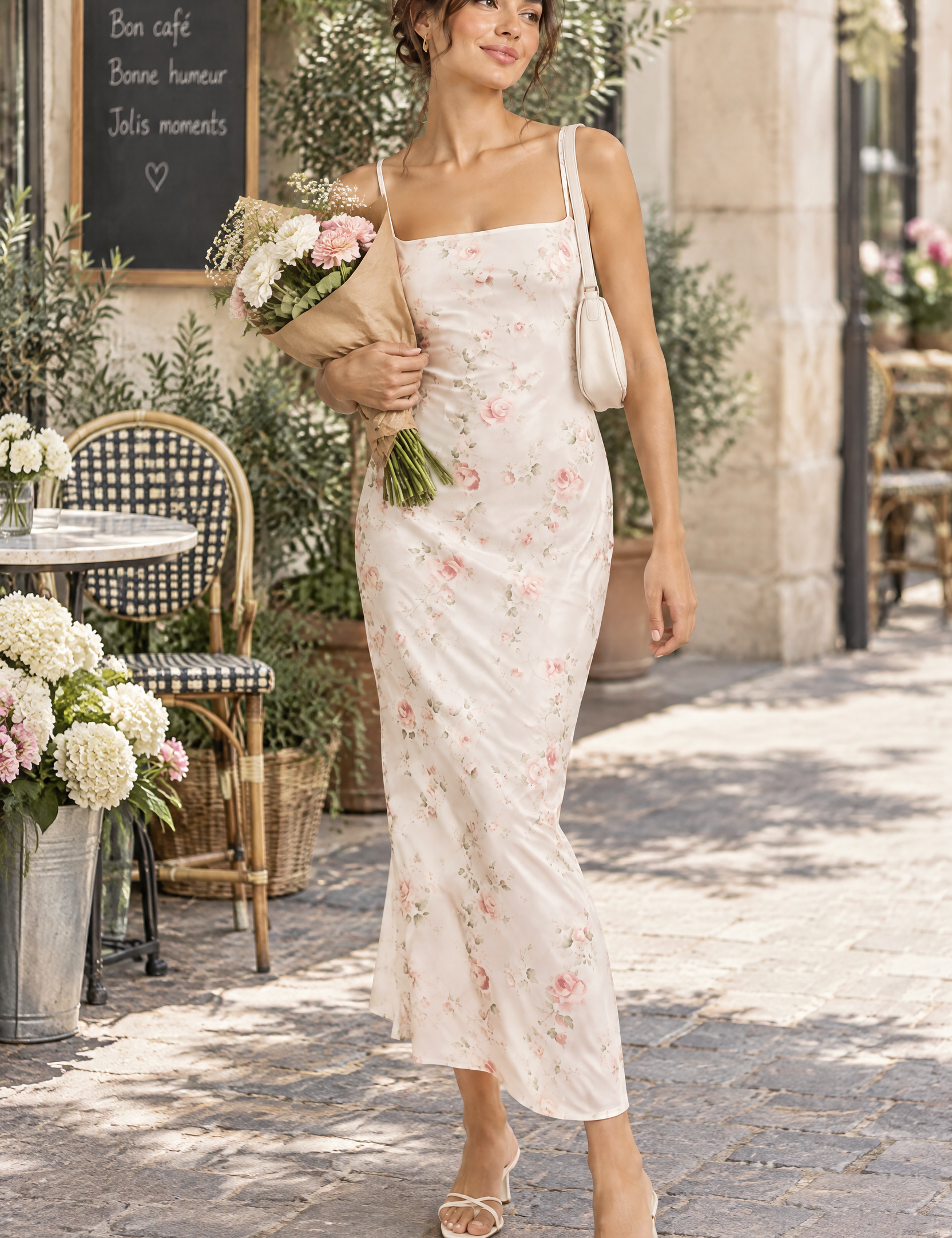 Robe longue blanc cassé à imprimé floral et sequins, col carré | Photo lifestyle | Lounelle Paris