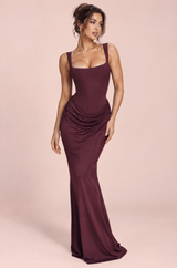 Magenta maxi-jurk met plooien en vierkante hals