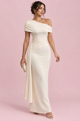Crèmekleurige asymmetrische midi-jurk met drapering