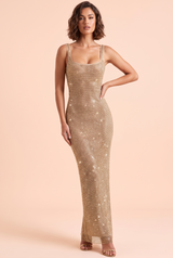 Gouden maxi-jurk met vierkante hals en strass
