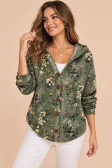 Olijfgroen vest met capuchon en knoopsluiting
