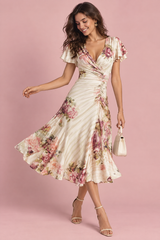 Ivoorwitte midi-jurk met bloemenprint, V-hals en plooidetails