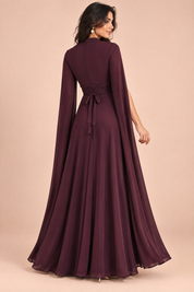 Robe longue bordeaux à encolure carrée et manches cape | Vue de dos | Lounelle Paris