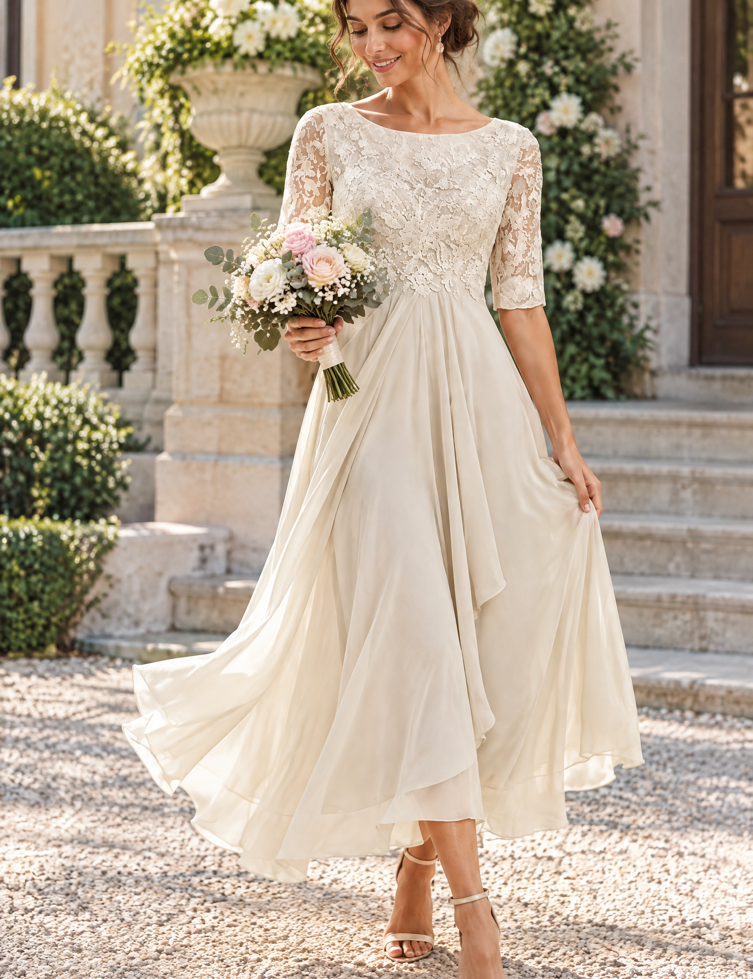 Robe en mousseline à corsage brodé ivoire | Photo lifestyle | Lounelle Paris