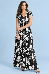Zwarte maxi-jurk met bloemenprint en gesmockte taille