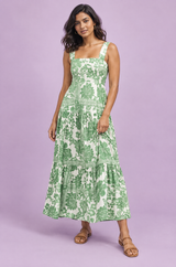Groene midi-jurk met porseleinprint en vierkante hals