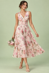 Roze midi-jurk met bloemenboeketprint en vierkante hals