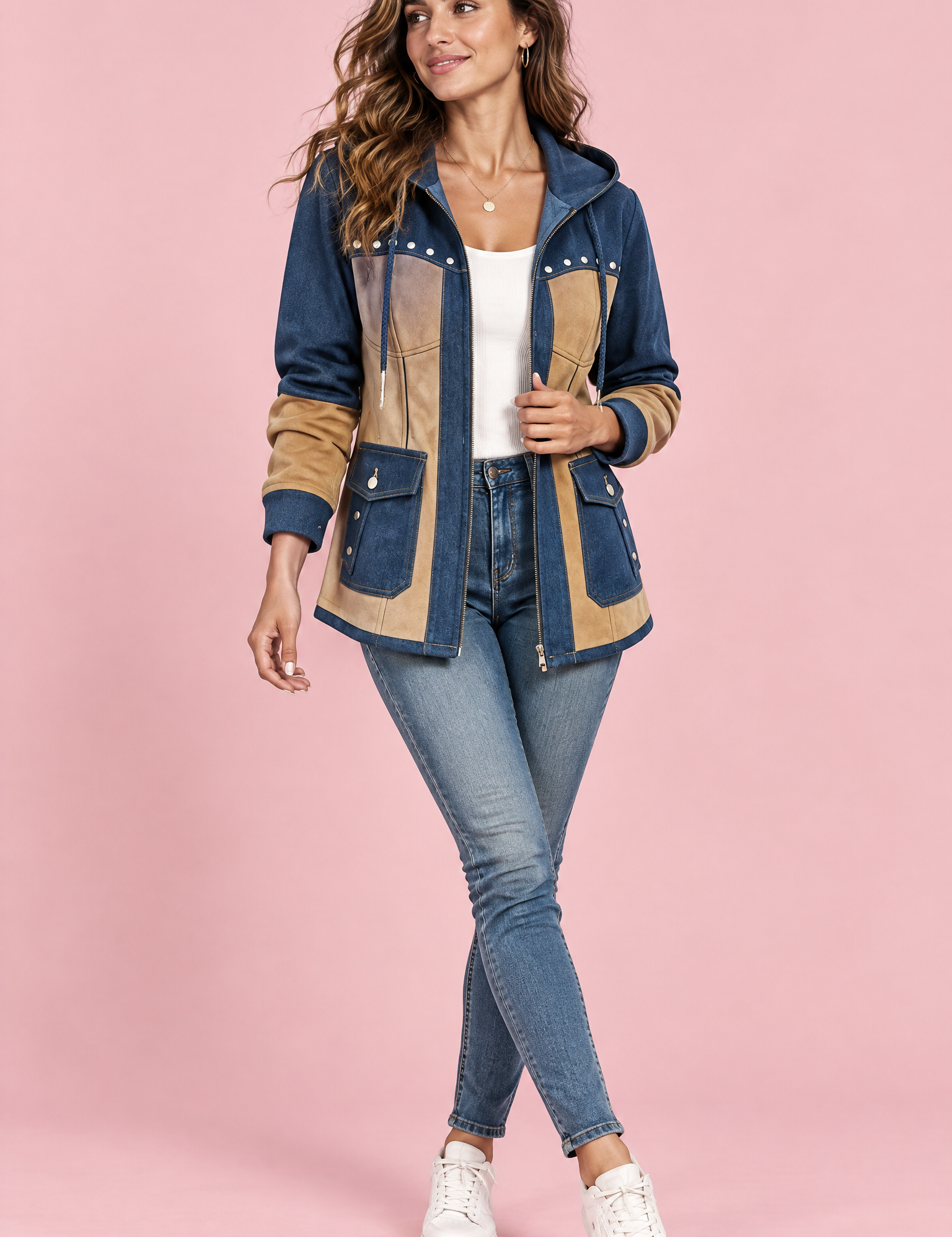 Veste à capuche bleue à empiècements | Vue de face | Lounelle Paris
