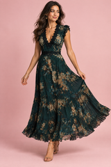 Donkergroene maxi-jurk met bloemenprint, V-hals en ruches