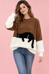 Oversized bruine trui met kattenmotief