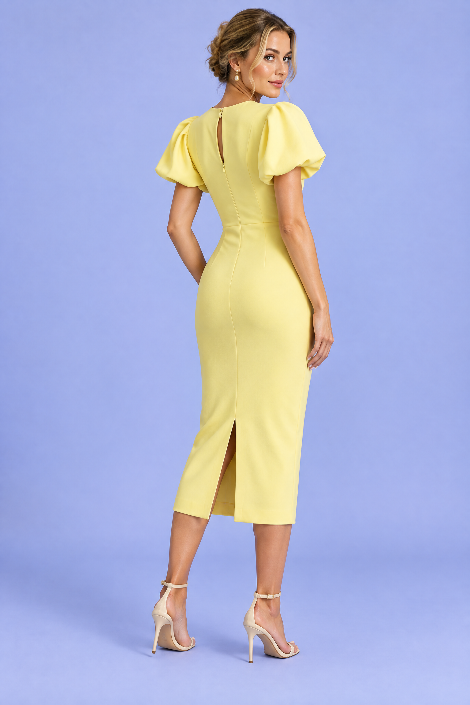 Robe midi jaune à manches bouffantes | Vue de dos | Lounelle Paris