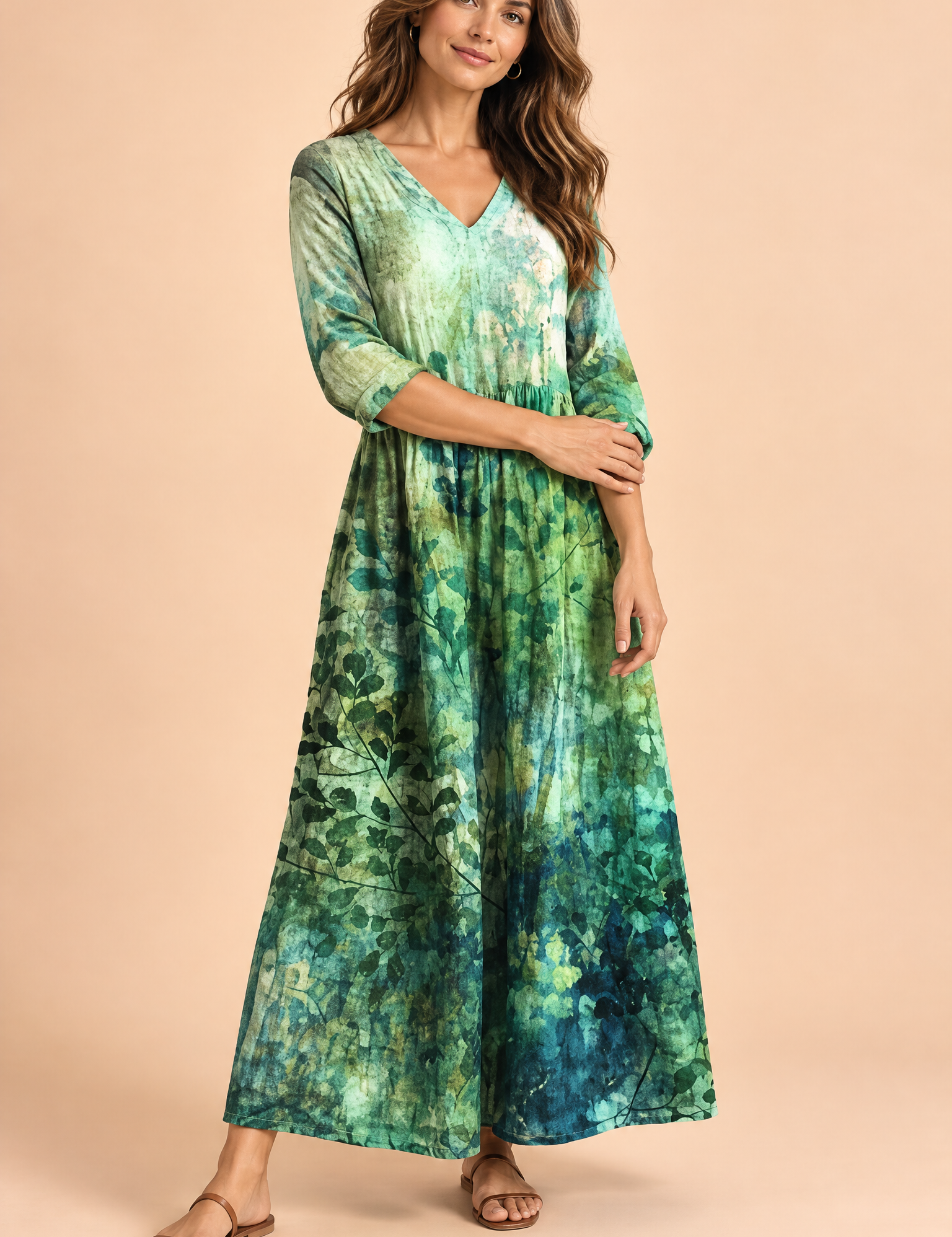 Robe verte fluide à col en V | Vue de face | Lounelle Paris