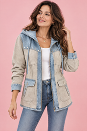 Veste à capuche beige à empiècements | Vue de face | Lounelle Paris