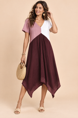 Asymmetrische bordeauxrode midi-jurk met V-hals