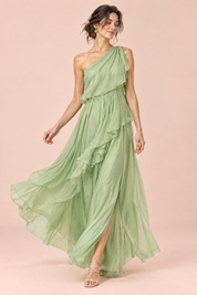 Robe verte asymétrique à volants | Vue en mouvement | Lounelle Paris