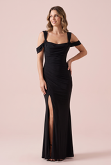 Zwarte maxi-jurk met vierkante hals en gedrapeerd wikkeldetail
