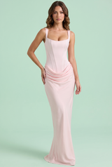 Roze maxi-jurk met rimpeldetail en vierkante hals