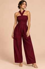 Jumpsuit met halternek en wijde pijpen in bordeauxrood