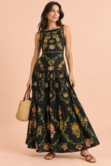 Zwarte maxi-jurk met bloemenprint en gelaagde rok