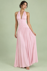 Poederroze maxi-jurk met diepe halslijn en rimpeldetails