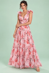 Roze maxi-jurk met bloemenprint en ruches
