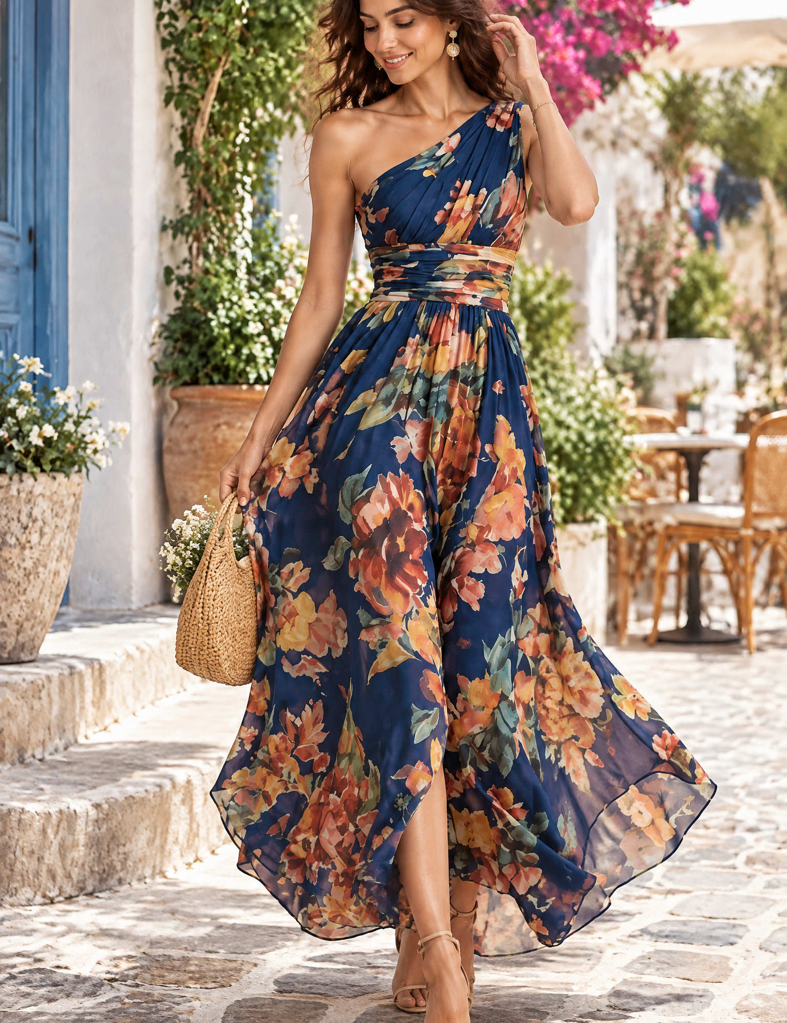Robe bleue fleurie à une épaule | Photo lifestyle | Lounelle Paris