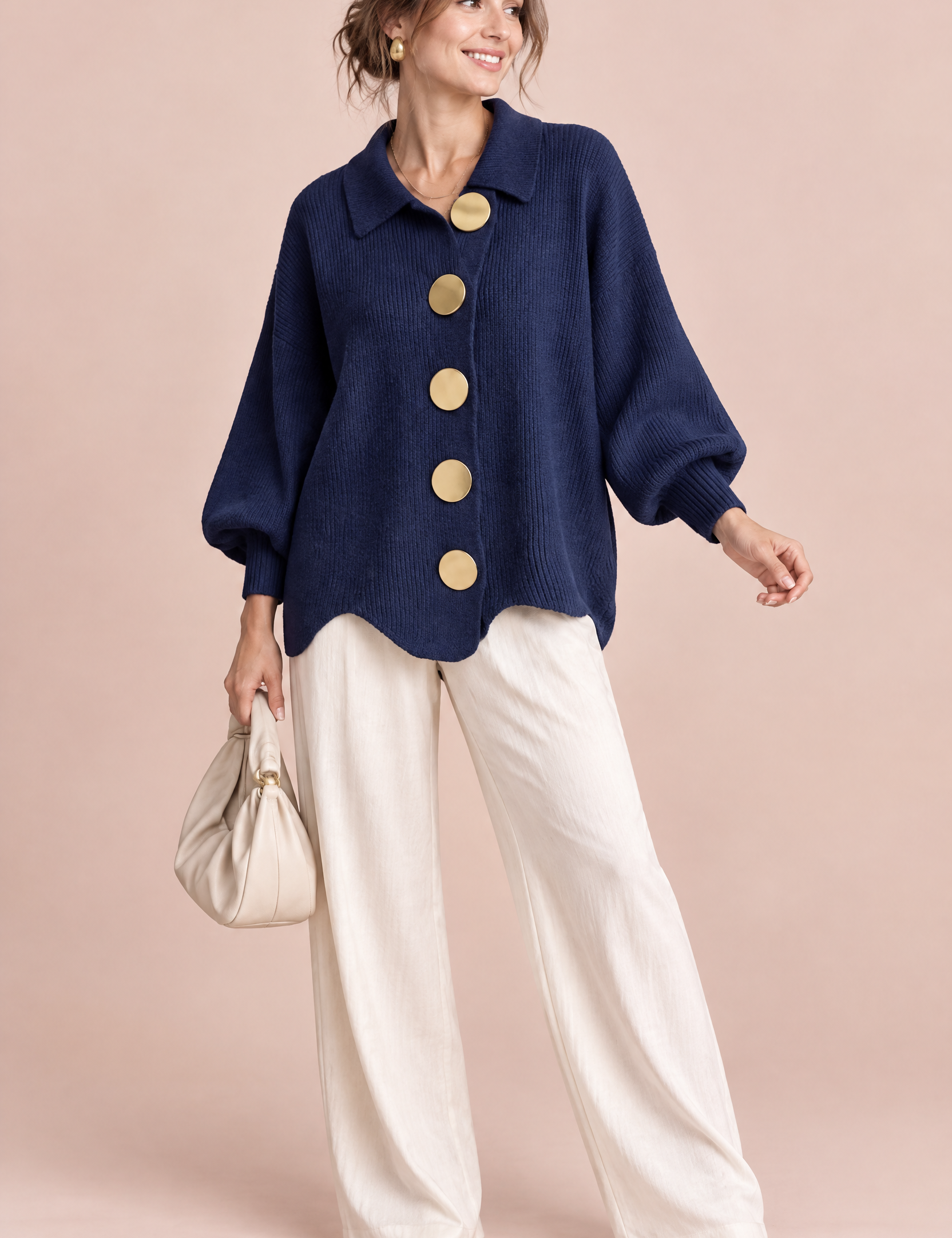 Cardigan oversize bleu marine à col | Vue de face | Lounelle Paris