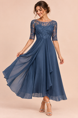 Chiffon midi-jurk met geborduurd lijfje - marineblauw